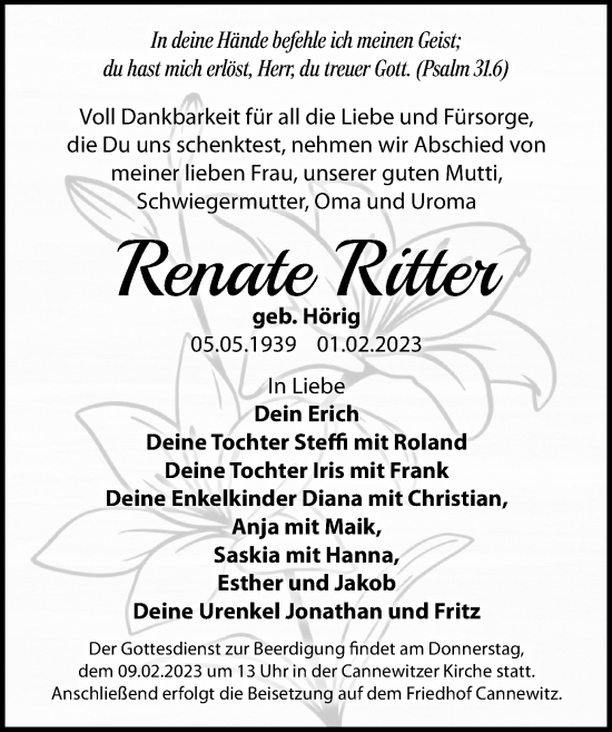 Traueranzeige von Renate Ritter von Leipziger Volkszeitung