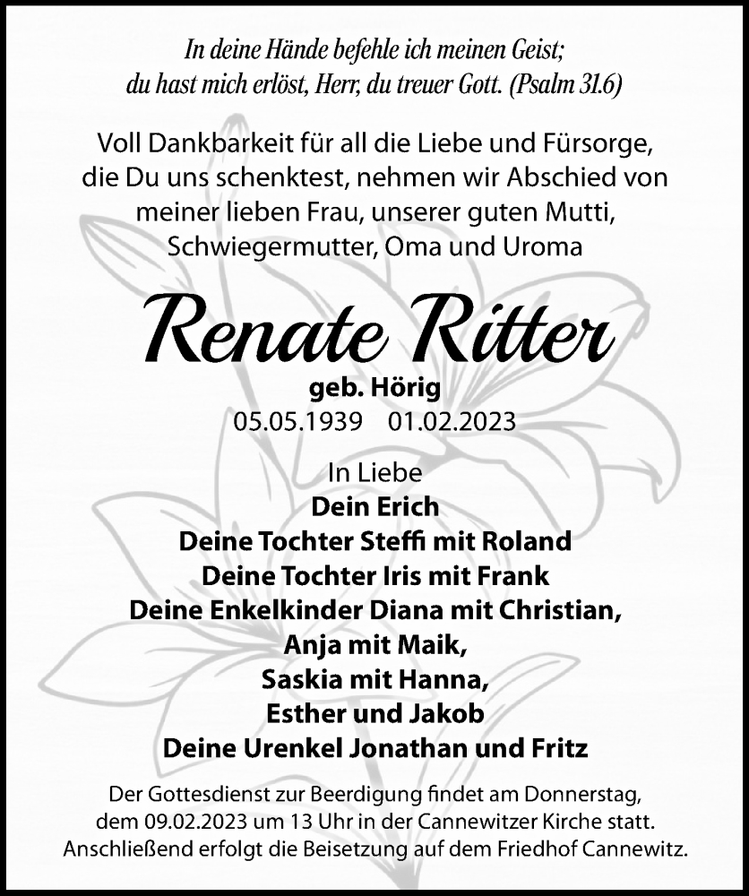  Traueranzeige für Renate Ritter vom 04.02.2023 aus Leipziger Volkszeitung