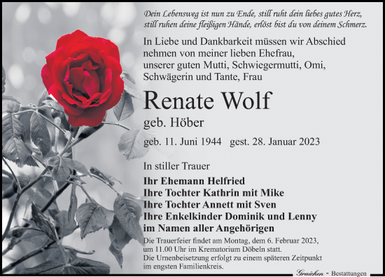 Traueranzeige von Renate Wolf von Leipziger Volkszeitung