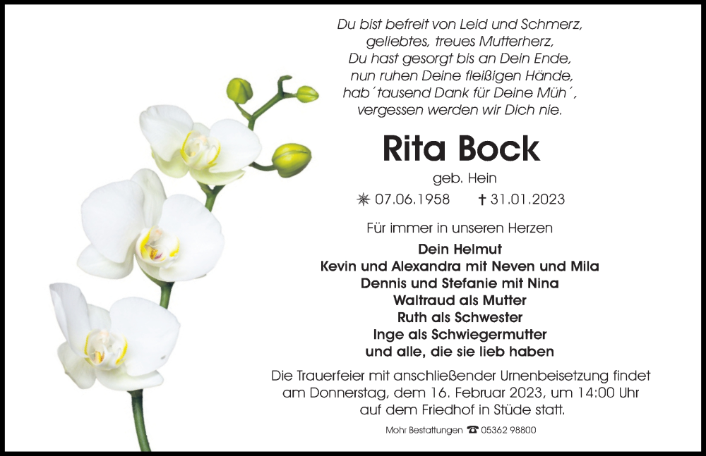  Traueranzeige für Rita Bock vom 04.02.2023 aus Aller Zeitung