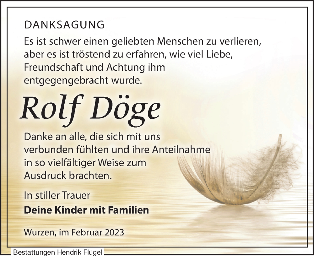  Traueranzeige für Rolf Döge vom 25.02.2023 aus Leipziger Volkszeitung