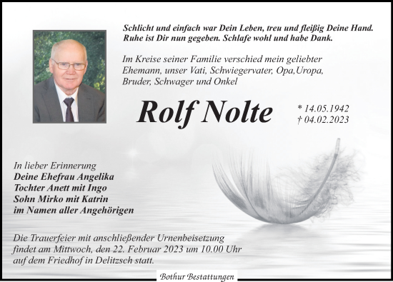 Traueranzeige von Rolf Nolte von Leipziger Volkszeitung