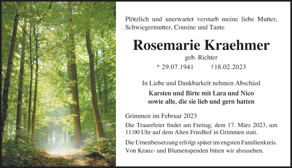  Traueranzeige für Rosemarie Kraehmer vom 25.02.2023 aus Ostsee-Zeitung GmbH
