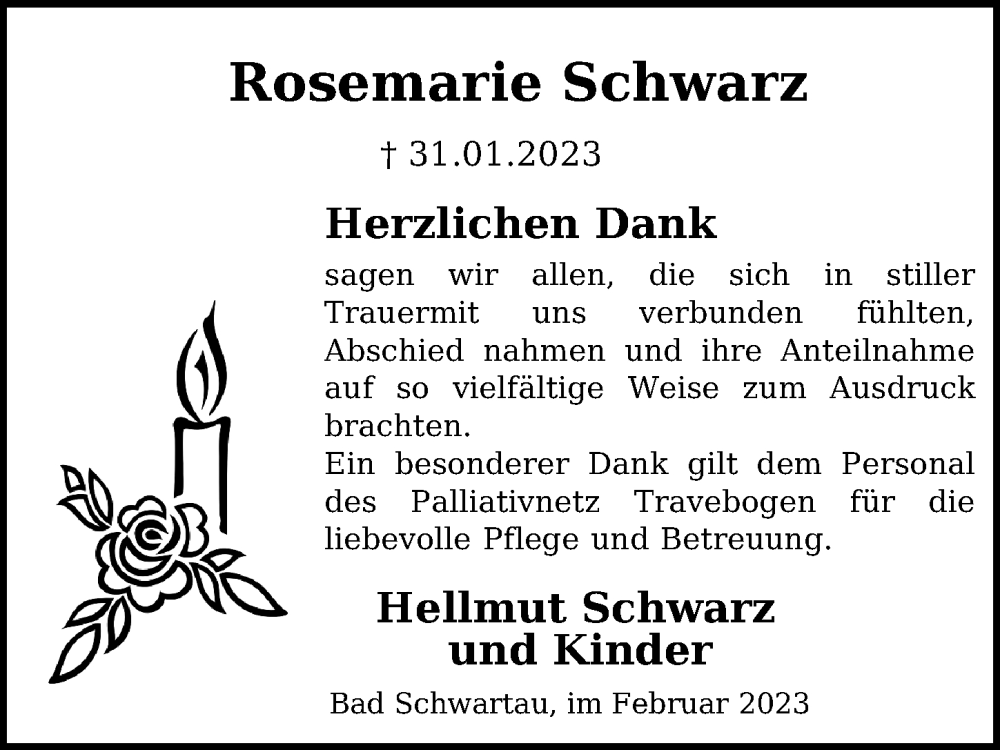  Traueranzeige für Rosemarie Schwarz vom 26.02.2023 aus Lübecker Nachrichten