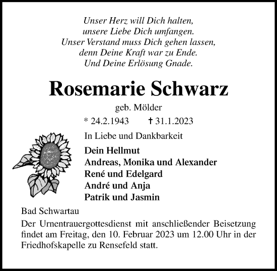 Traueranzeige von Rosemarie Schwarz von Lübecker Nachrichten