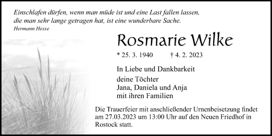 Traueranzeige von Rosmarie Wilke von Ostsee-Zeitung GmbH