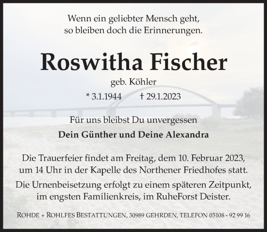 Traueranzeige von Roswitha Fischer von Hannoversche Allgemeine Zeitung/Neue Presse