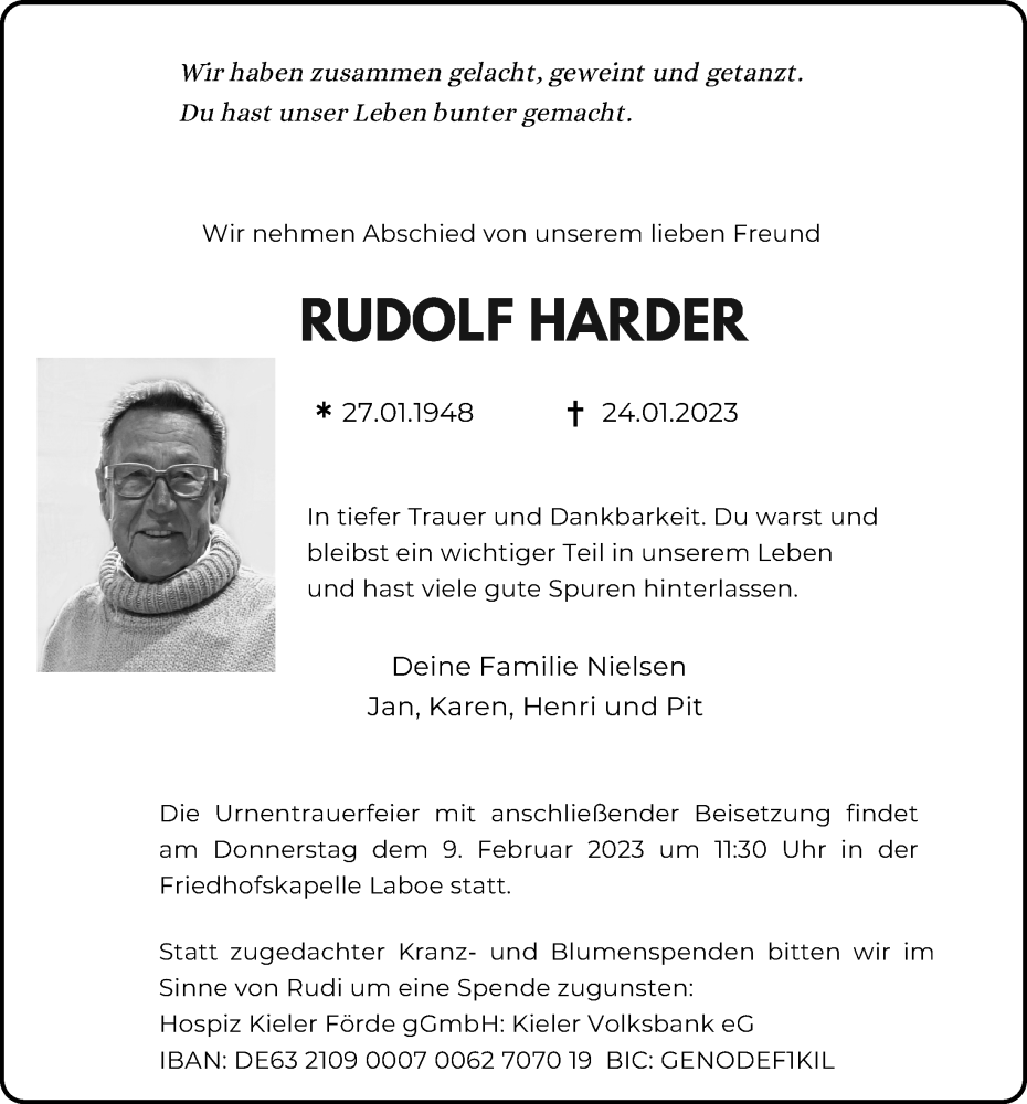  Traueranzeige für Rudolf Harder vom 04.02.2023 aus Kieler Nachrichten