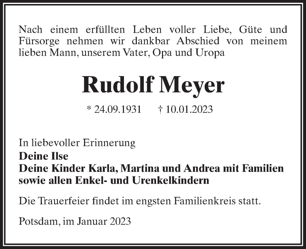  Traueranzeige für Rudolf Meyer vom 04.02.2023 aus Märkischen Allgemeine Zeitung