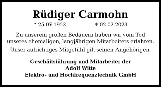 Traueranzeige von Rüdiger Carmohn von Kieler Nachrichten