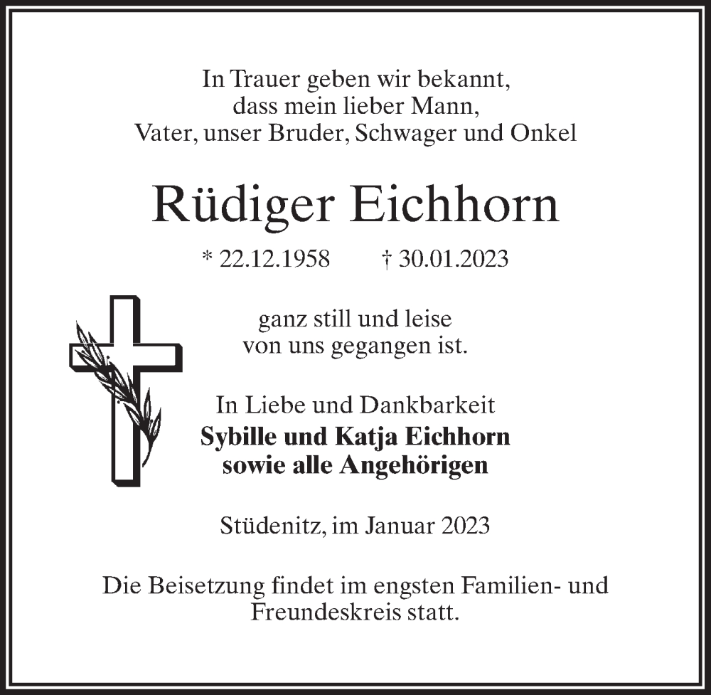  Traueranzeige für Rüdiger Eichhorn vom 02.02.2023 aus Märkischen Allgemeine Zeitung