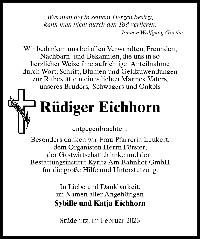  Traueranzeige für Rüdiger Eichhorn vom 11.02.2023 aus Märkischen Allgemeine Zeitung