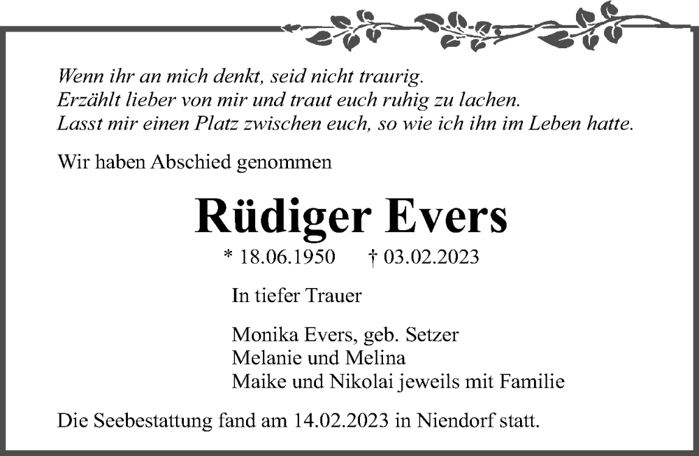  Traueranzeige für Rüdiger Evers vom 19.02.2023 aus Lübecker Nachrichten