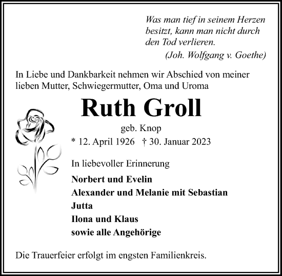 Traueranzeige von Ruth Groll von Lübecker Nachrichten