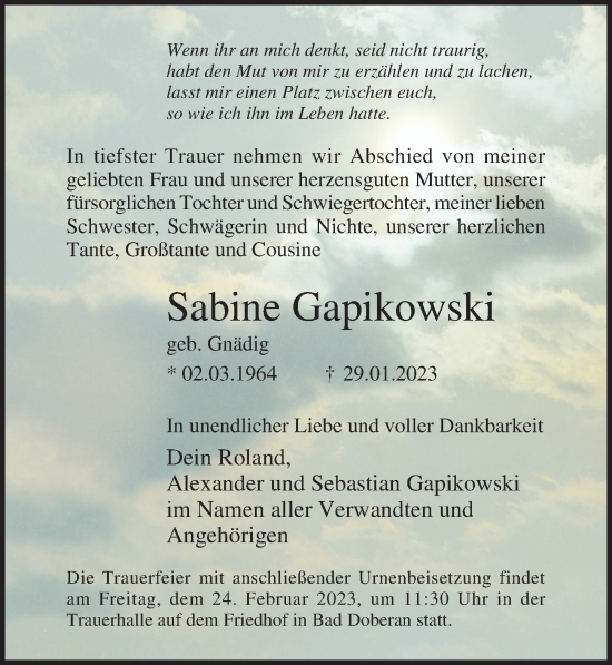 Traueranzeige von Sabine Gapikowski von Ostsee-Zeitung GmbH
