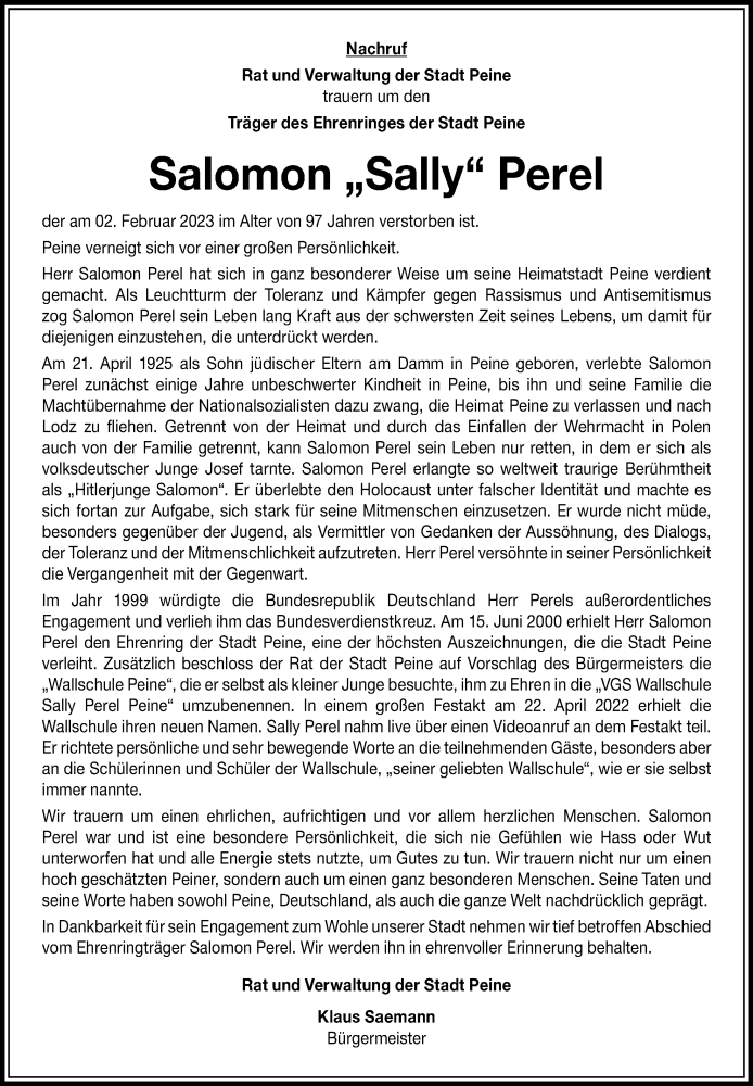  Traueranzeige für Salomon Perel vom 04.02.2023 aus Peiner Allgemeine Zeitung