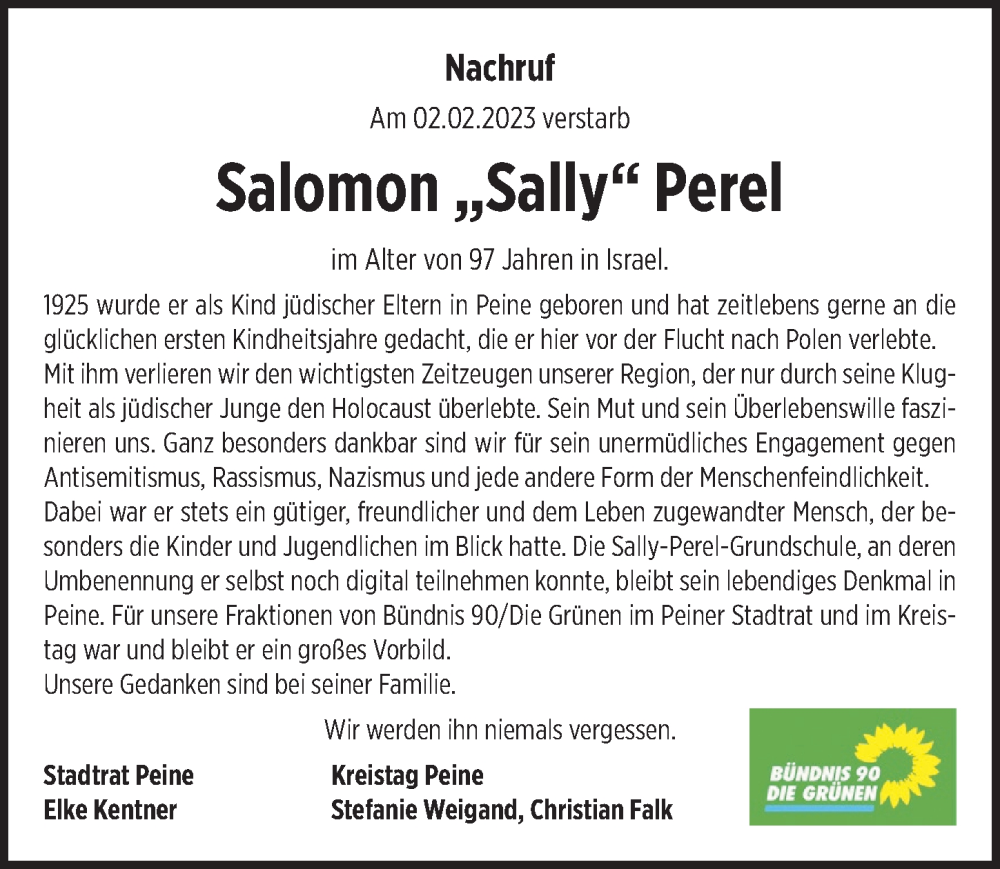  Traueranzeige für Salomon Perel vom 10.02.2023 aus Peiner Allgemeine Zeitung