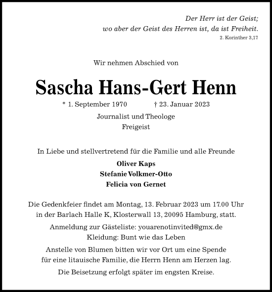 Traueranzeige von Sascha Hans-Gert Henn von Kieler Nachrichten