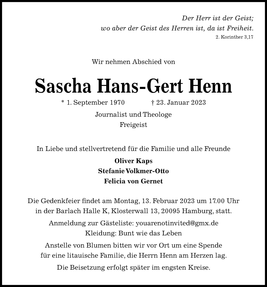  Traueranzeige für Sascha Hans-Gert Henn vom 04.02.2023 aus Kieler Nachrichten
