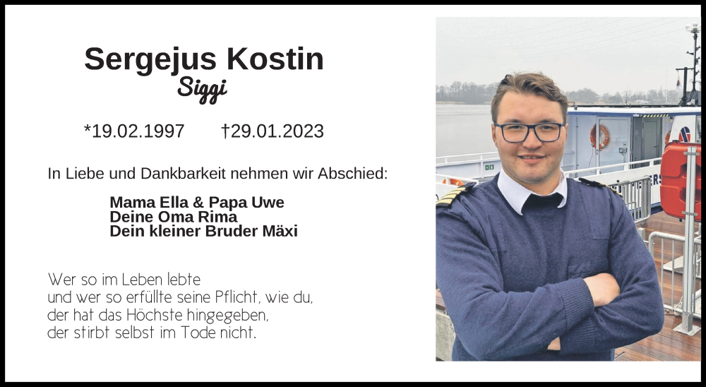  Traueranzeige für Sergejus Kostin vom 11.02.2023 aus Ostsee-Zeitung GmbH