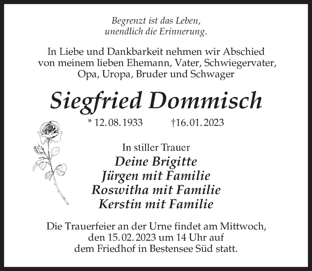  Traueranzeige für Siegfried Dommisch vom 11.02.2023 aus Märkischen Allgemeine Zeitung