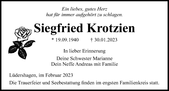 Traueranzeige von Siegfried Krotzien von Ostsee-Zeitung GmbH