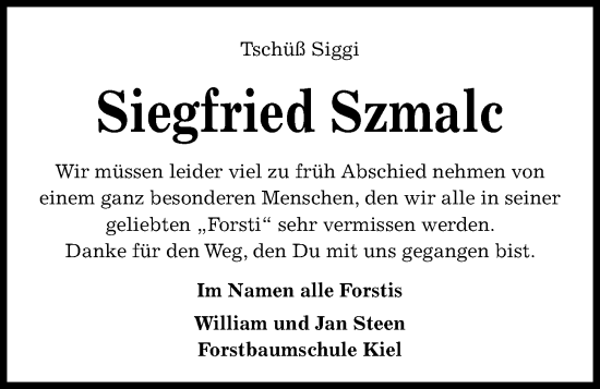 Traueranzeige von Siegfried Szmalc von Kieler Nachrichten