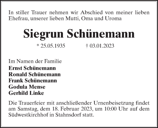 Traueranzeige von Siegrun Schünemann von Märkischen Allgemeine Zeitung