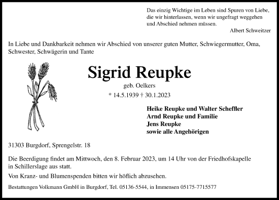 Traueranzeige von Sigrid Reupke von Hannoversche Allgemeine Zeitung/Neue Presse