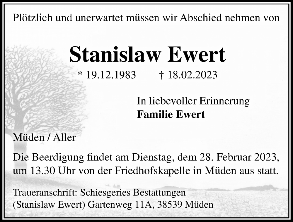  Traueranzeige für Stanislaw Ewert vom 23.02.2023 aus Aller Zeitung