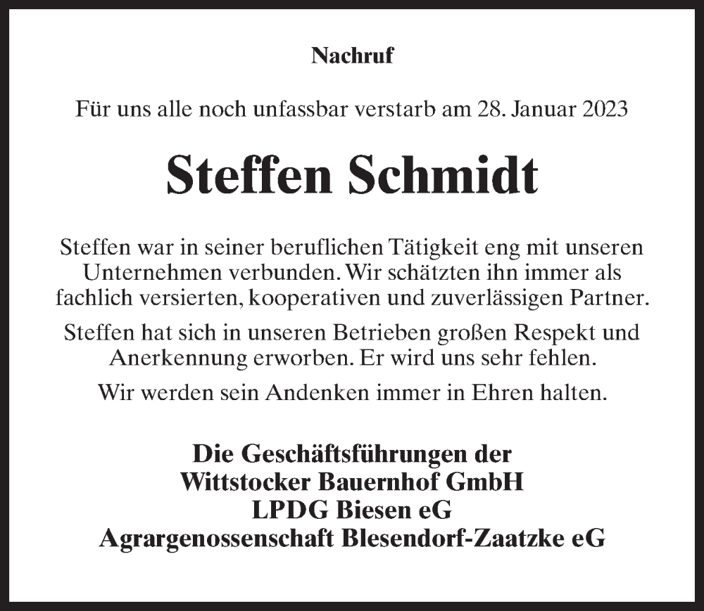  Traueranzeige für Steffen Schmidt vom 25.02.2023 aus Märkischen Allgemeine Zeitung