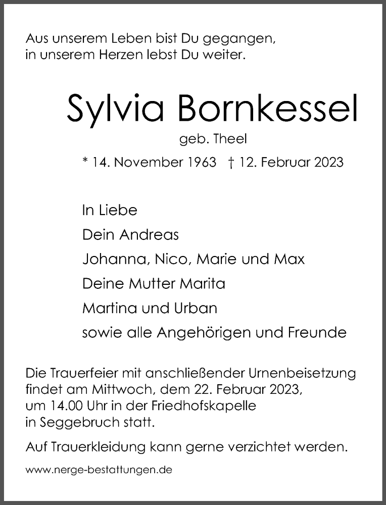  Traueranzeige für Sylvia Bornkessel vom 15.02.2023 aus Schaumburger Nachrichten