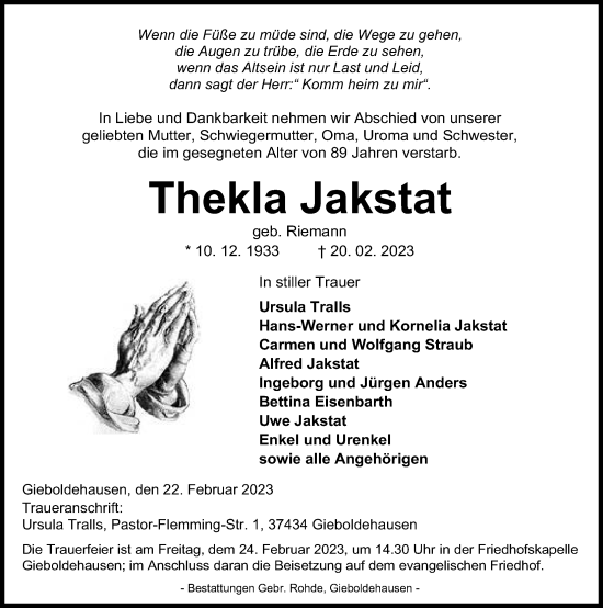 Traueranzeige von Thekla Jakstat von Eichsfelder Tageblatt
