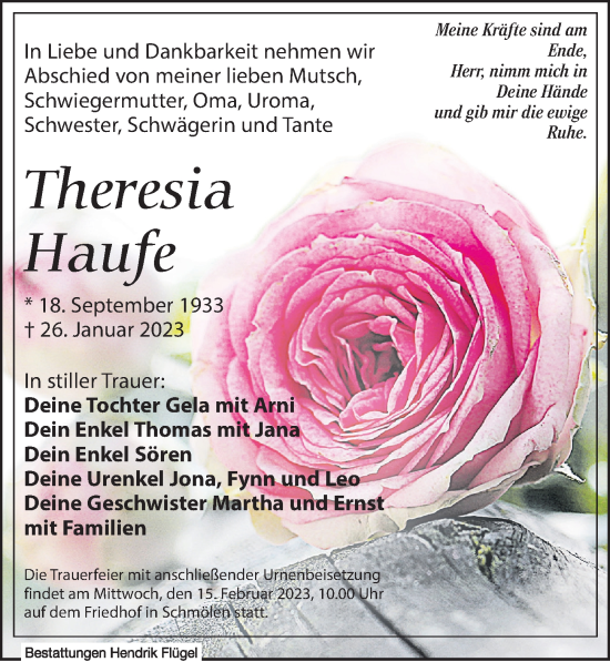 Traueranzeige von Theresia Haufe von Leipziger Volkszeitung