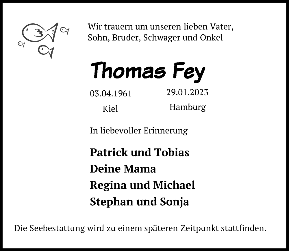  Traueranzeige für Thomas Fey vom 04.02.2023 aus Kieler Nachrichten