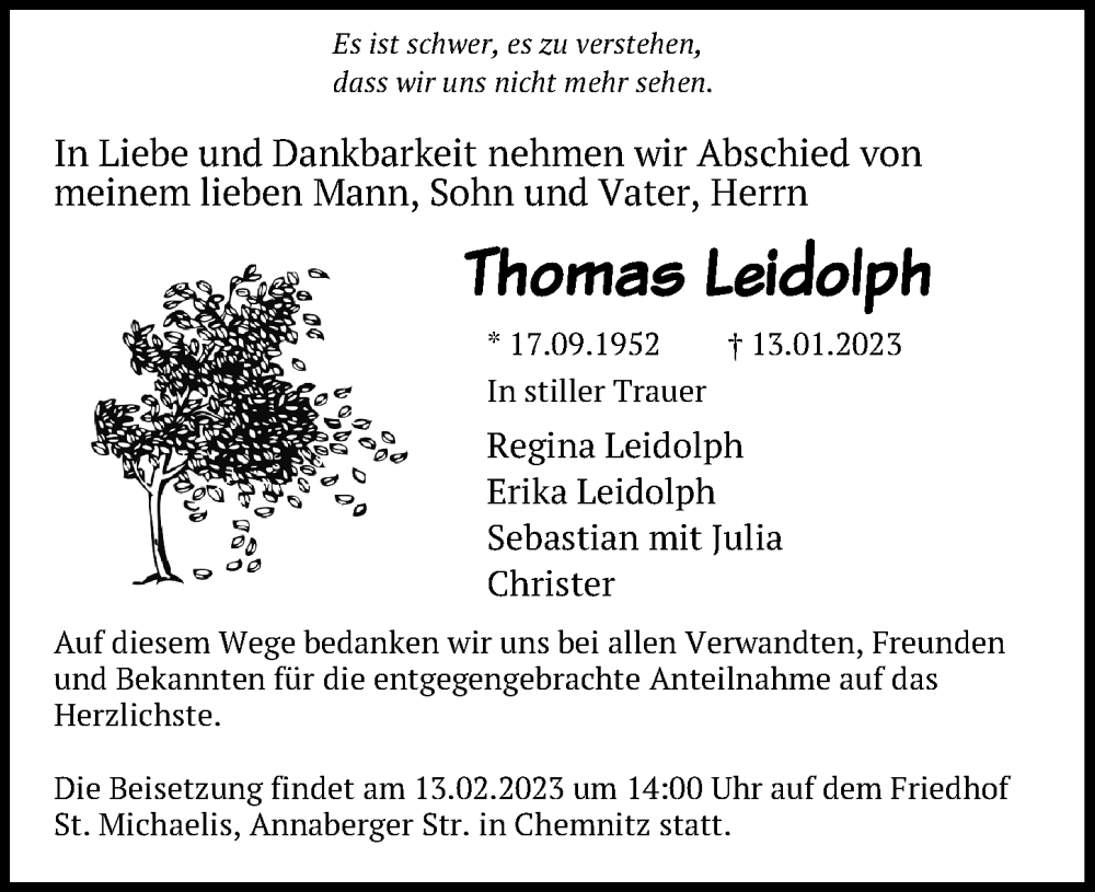  Traueranzeige für Thomas Leidolph vom 11.02.2023 aus Leipziger Volkszeitung