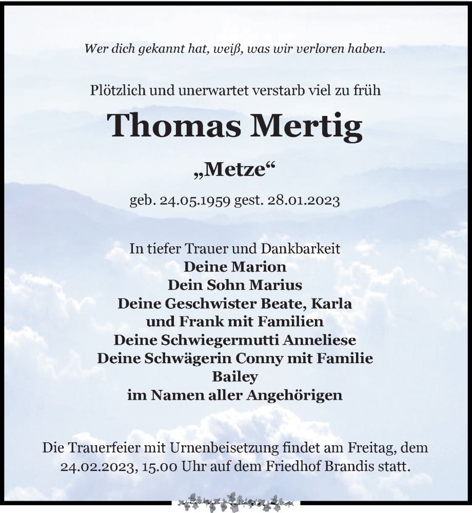  Traueranzeige für Thomas Mertig vom 04.02.2023 aus Leipziger Volkszeitung