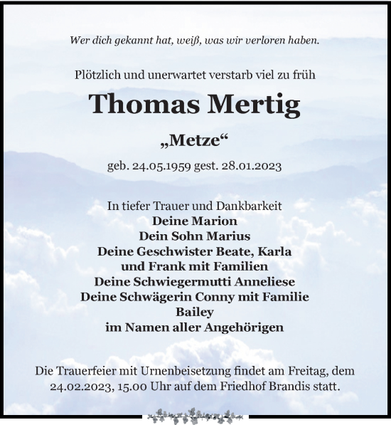 Traueranzeige von Thomas Mertig von Leipziger Volkszeitung