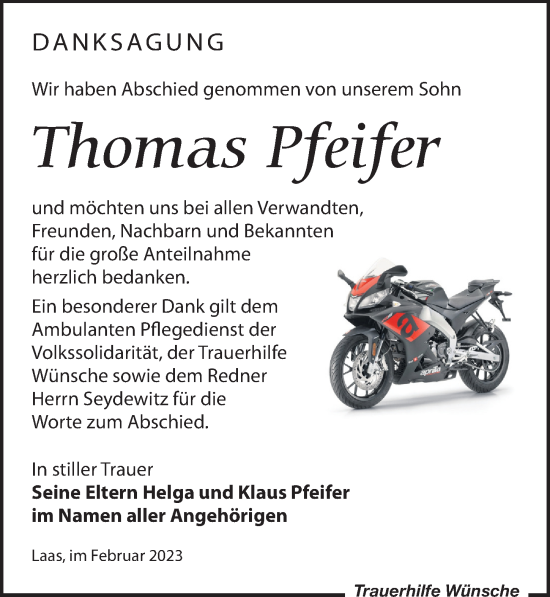 Traueranzeige von Thomas Pfeifer von Leipziger Volkszeitung