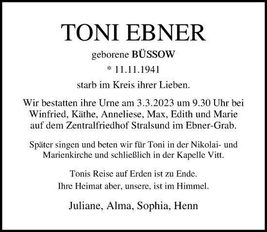 Traueranzeige von Toni Ebner von Ostsee-Zeitung GmbH