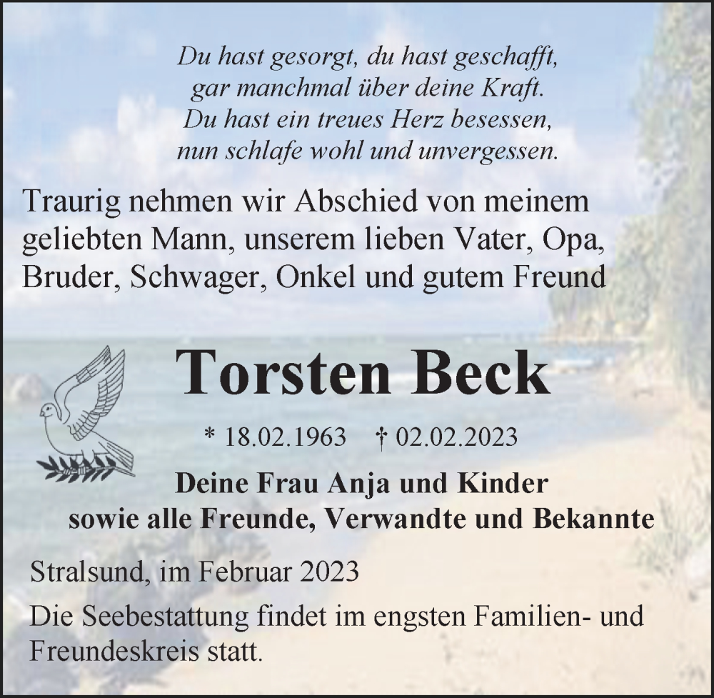  Traueranzeige für Torsten Beck vom 11.02.2023 aus Ostsee-Zeitung GmbH