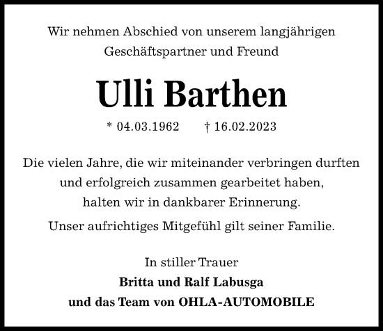 Traueranzeige von Ulli Barthen von Kieler Nachrichten