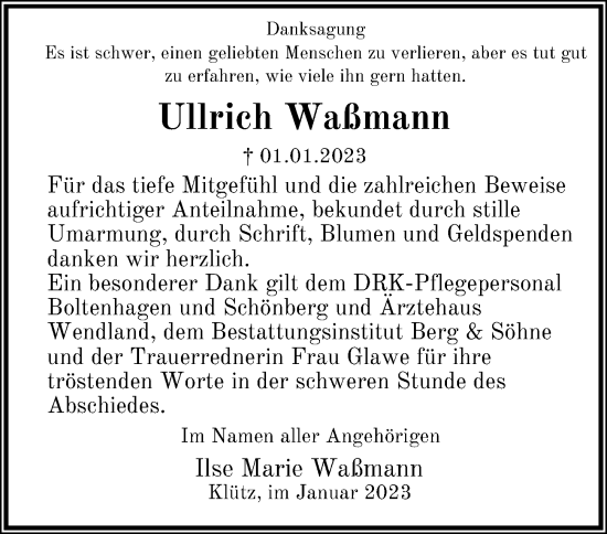 Traueranzeige von Ullrich Waßmann von Ostsee-Zeitung GmbH