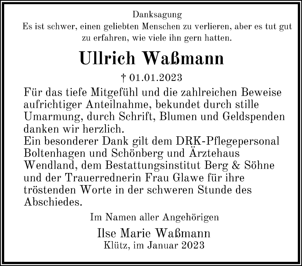  Traueranzeige für Ullrich Waßmann vom 09.02.2023 aus Ostsee-Zeitung GmbH
