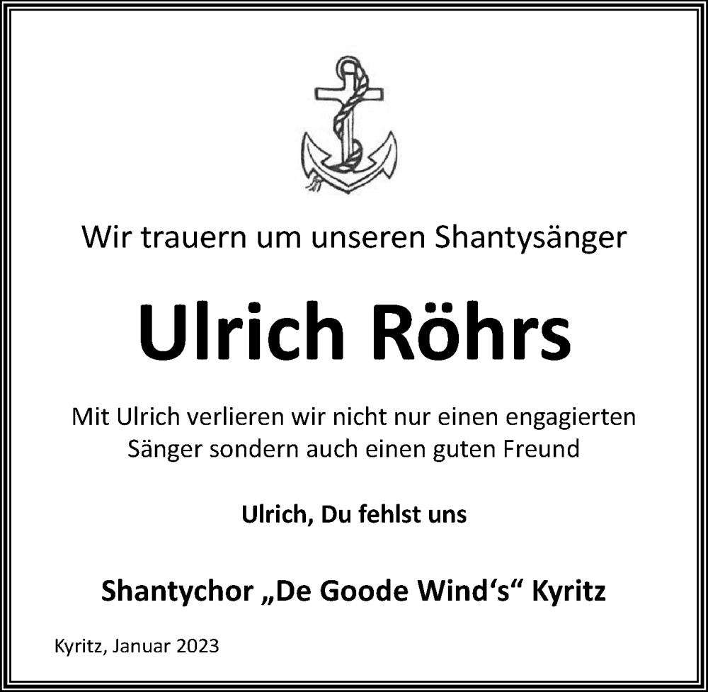  Traueranzeige für Ulrich Röhrs vom 04.02.2023 aus Märkischen Allgemeine Zeitung