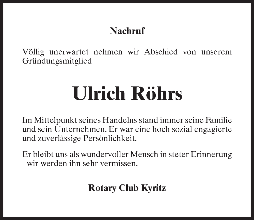  Traueranzeige für Ulrich Röhrs vom 25.02.2023 aus Märkischen Allgemeine Zeitung