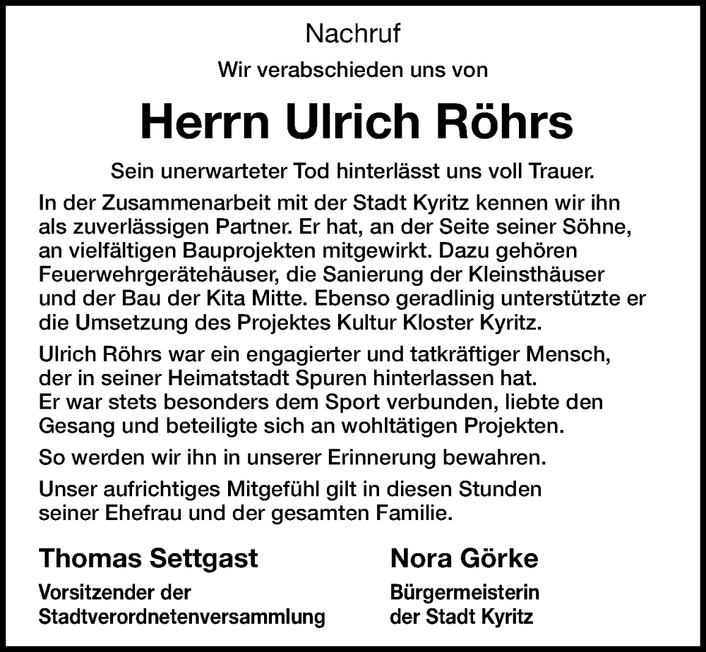  Traueranzeige für Ulrich Röhrs vom 11.02.2023 aus Märkischen Allgemeine Zeitung