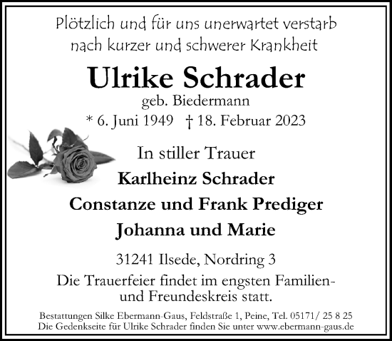 Traueranzeige von Ulrike Schrader von Peiner Allgemeine Zeitung