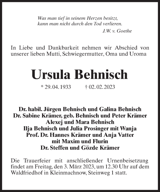 Traueranzeige von Ursula Behnisch von Märkischen Allgemeine Zeitung