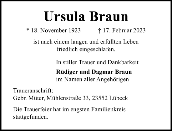 Traueranzeige von Ursula Braun von Lübecker Nachrichten